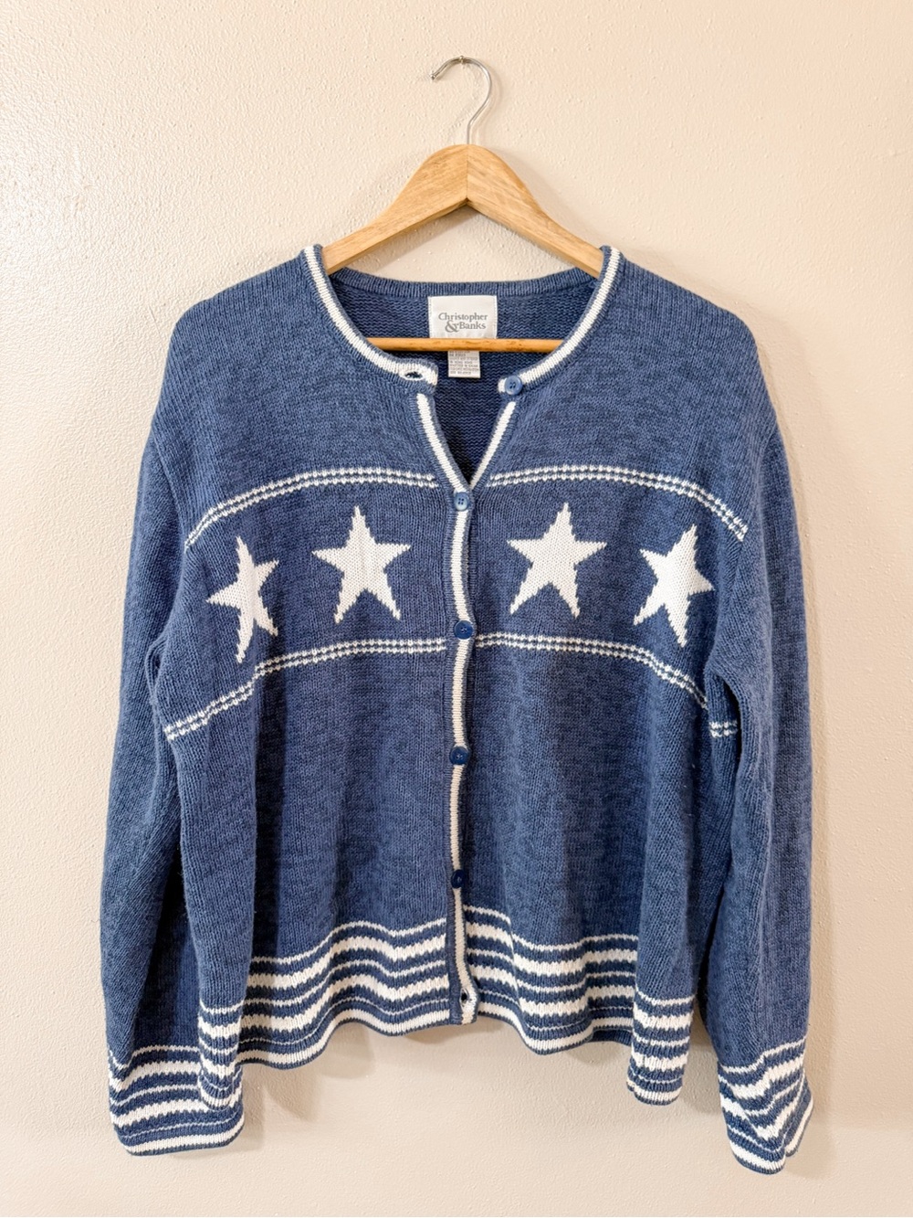 Vintage Americana Primitive Cottagecore Blue and White Star Cardigan, XL